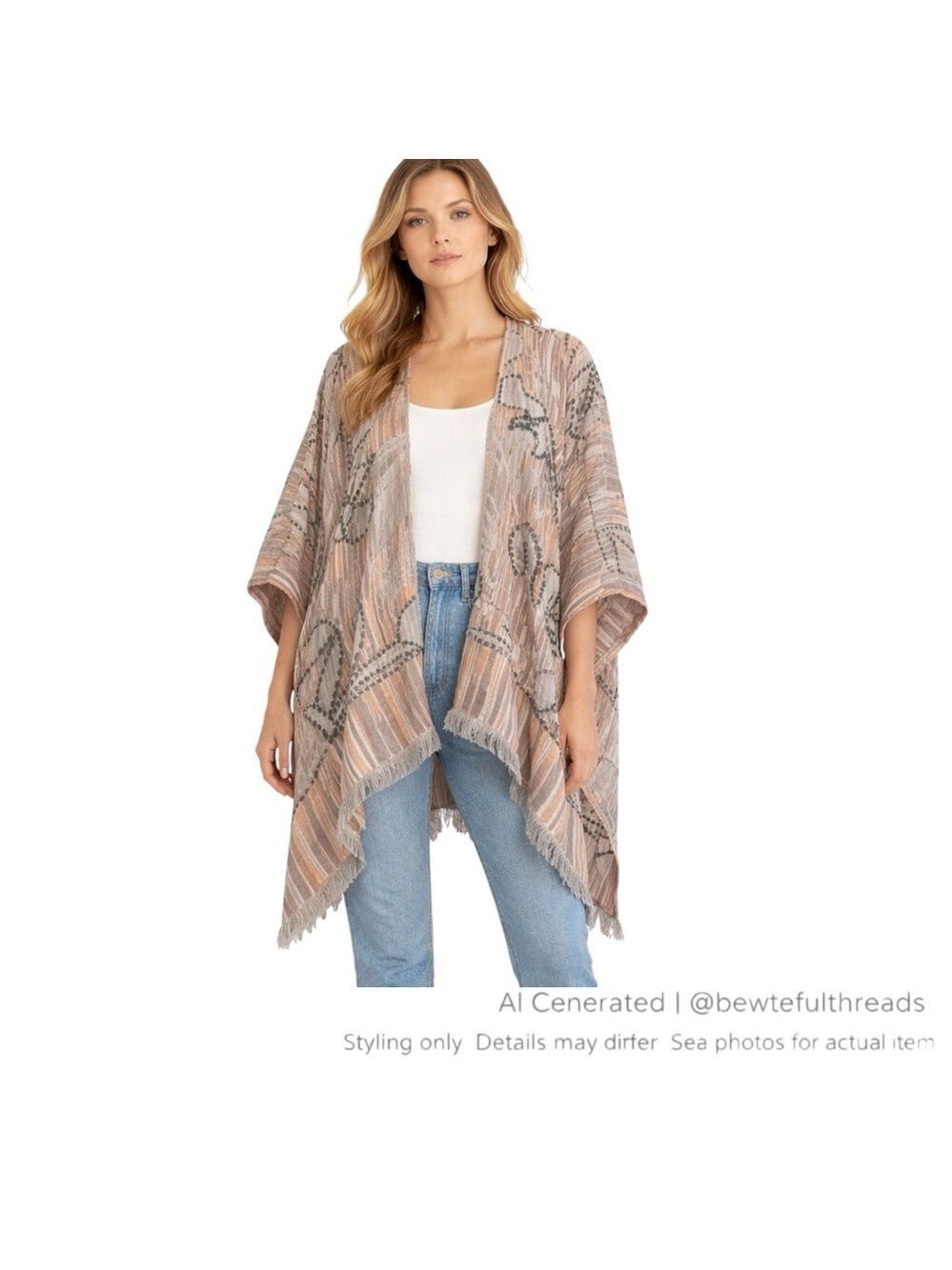 World Market One Size Boho Ruana Wrap Fringe Neutral